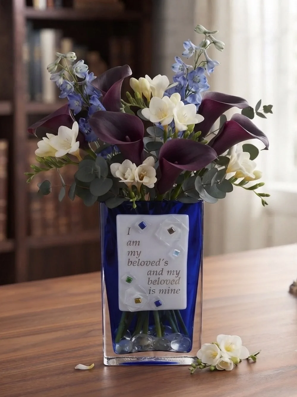 Beames Designs Cobalt Blue Art Glass Vase w/Fused White Panel “I Am My Beloved's